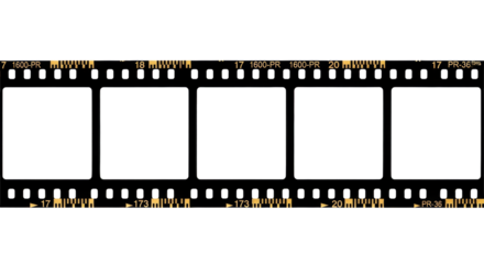 Macro shot of horizontal 35mm film negative, deep black base, five blank white frames, embossed numbers on a pure transparent background, professional retro media concept