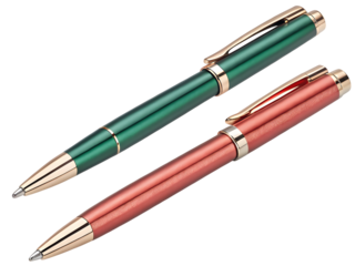 Elegant green and red metallic ballpoint pens with gold accents isolated on transparent background