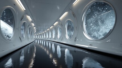 Step into the future exploring a sleek, modern spaceship corridor with stunning cosmic views through panoramic windows