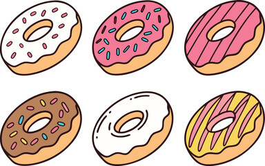 A Collection of Six Deliciously Decorated Doughnuts with Various Toppings vector Illustration