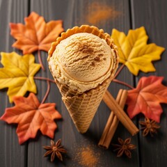 Pumpkin spice ice cream scoop in a waffle cone with cinnamon sticks and star anise on dark wood, surrounded by colorful autumn leaves