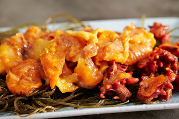 Sea squirt, seafood on a stone plate