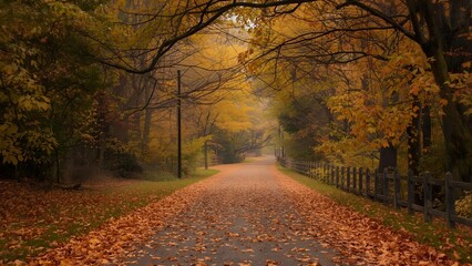 Scenic autumn road covered with fallen leaves in golden forest