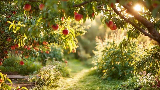 Apple trees laden with ripe red fruit in a sunlit orchard, a grassy path winding between them.
