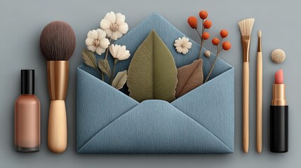 Beauty products and blue envelope, elegant feminine flat lay, blue brown pink colors, symbolizing self-care and beauty correspondence.