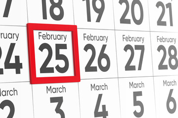 Date 25 February with red frame realistic calendar day design. Red frame shows the date February 25 3d illustration
