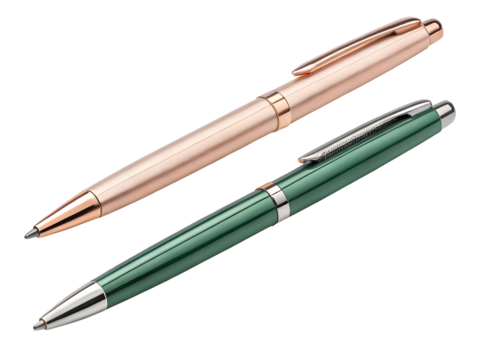 Two elegant ballpoint pens rose gold and green metallic finish isolated on transparent background