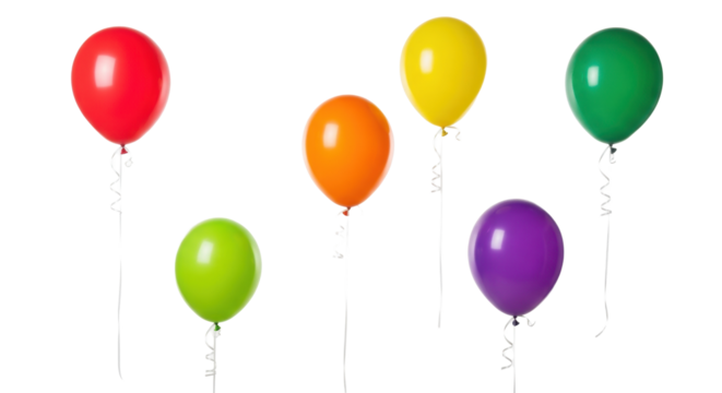 Six colorful helium balloons with white curly ribbons floating against a transparent background with copy space, soft studio lighting, cheerful birthday celebration