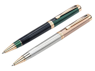 Two elegant ballpoint pens with gold accents and metallic finishes isolated on transparent background