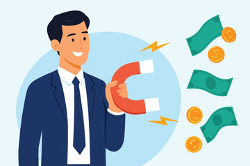 Businessman holding magnet attracting money