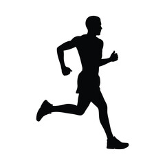 Silhouette of a male runner in motion against a white background