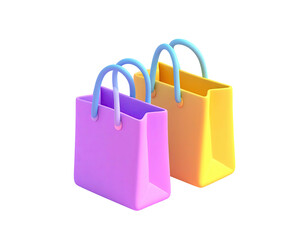 Two colorful shopping bags, one purple, one yellow, with handles, rendered in 3D style