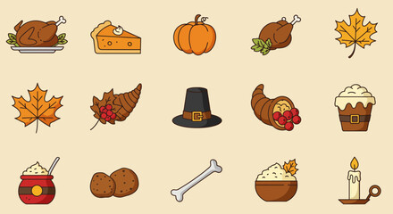 A vibrant collection of minimalist flat design icons depicting traditional Thanksgiving feast elements and holiday symbols, perfect for digital greetings or seasonal marketing. 