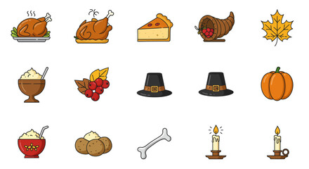 A vibrant collection of minimalist flat design icons depicting traditional Thanksgiving feast elements and holiday symbols, perfect for digital greetings or seasonal marketing. 