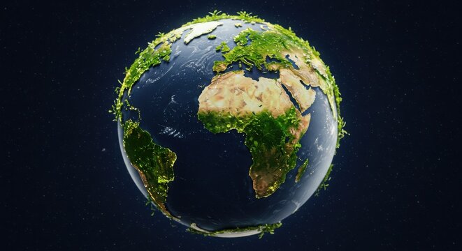 Digital globe with green leaves overlay, sustainability and global business theme - Powered by Adobe