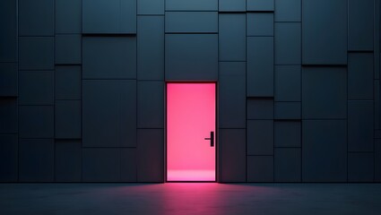 A glowing pink door in a dark tiled wall offers an escape to a brighter future