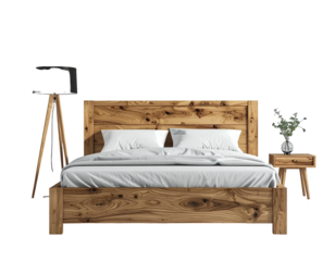 Wooden bed with white linens and bedside table