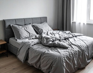 Cozy Grey Bed with Wrinkled Sheets in Bright Morning Light