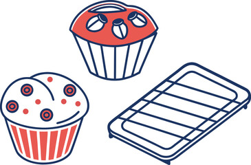 Stylized illustration of cupcakes and a cooling rack, baking theme vector Illustration