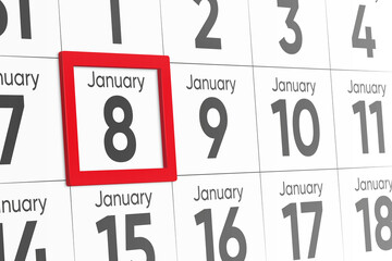 Date 8 January with red frame realistic calendar day design. Red frame shows the date January 8 3d illustration 