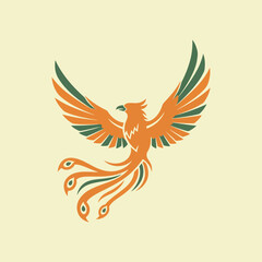Obraz premium Stylized illustration of a phoenix bird with spread wings and flowing tail feathers