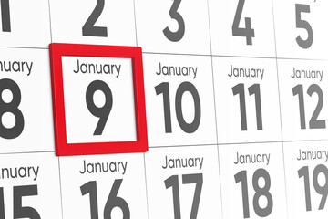 Date 9 January with red frame realistic calendar day design. Red frame shows the date January 9 3d illustration 