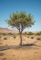 Fototapeta premium Survival of a lone tree in the desert arid landscape nature photography calm environment ground-level view resilience concept