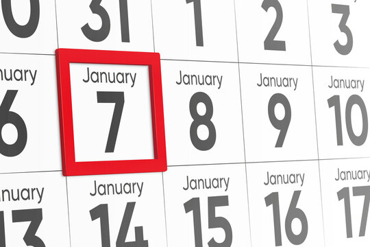 Date 7 January with red frame realistic calendar day design. Red frame shows the date January 7 3d illustration 