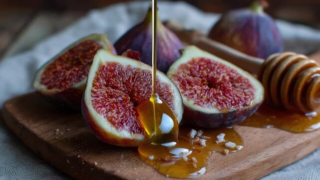 Halved figs with honey being drizzled over them on a wooden board.