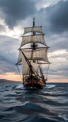 Tall ship sailing on the ocean under a cloudy sky at sunset, a majestic view