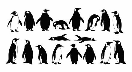 Fototapeta premium Collection of sixteen penguin silhouettes in various poses.