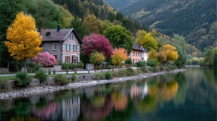 Scenic Lakeside Village with Colorful Autumn Trees Reflections in Austria Idyllic Homes against Mountain Backdrop Serene Waterscapes Picturesque Landscape Scene