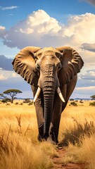 Fototapeta premium Majestic elephant strides through golden grassland, beneath a blue sky dotted with fluffy white clouds on a sunny day, serene and evocative