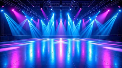 Illuminated event stage featuring blue and pink lighting with a reflective surface, providing a vibrant and dynamic scene.