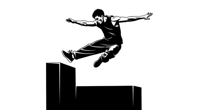 Intense Vector Silhouette of a Man Parkour Runner Executing a Vault Maneuver in the City
