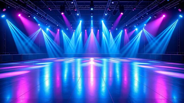 Illuminated event stage featuring blue and pink lighting with a reflective surface, providing a vibrant and dynamic scene.