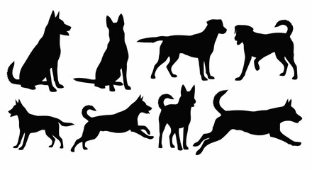 A collection of eight black dog silhouettes showing various poses, including sitting, standing, and running, on a white background.