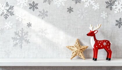 Minimalist Scandinavian Christmas background with red reindeer, wicker star, and snowflake pattern