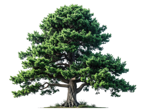 Full shot of a large, mature conifer tree, vibrant green foliage, and a substantial, gnarled trunk