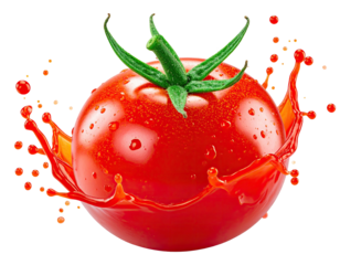 Fresh tomato exploding in a vibrant juice splash