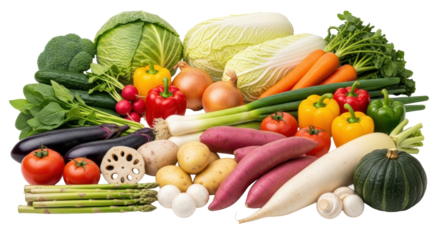 Abundant, diverse fresh vegetables including vibrant broccoli, red tomatoes, green bell peppers, and carrots, artfully arranged on a transparent background, clean healthy food concept