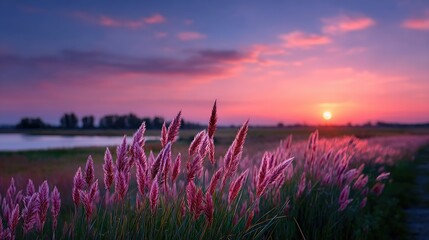 Scenic Meadow Grass Swaying in Wind at Sunset with Golden Sun Purple Sky and Silhouette of Trees on Horizon Creates a Serene and Dreamlike Landscape