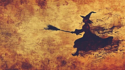Fototapeta premium Vintage Texture Halloween Witch Broom Illustration Pictures
