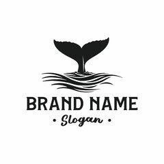 Black and white logo featuring a whale's tail emerging from the ocean waves, with brand name and slogan.