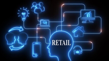 Retail business strategy network glowing neon icons connecting ideas people technology and growth on dark background - Powered by Adobe