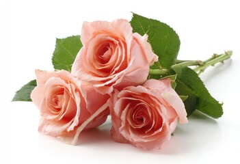 Three delicate light pink roses with vibrant green leaves arranged on a crisp, white surface, creating a soft and romantic floral composition