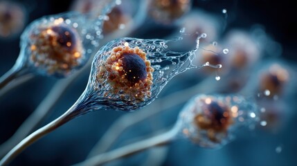 Close-up view of intricate fungal structures, showcasing detailed cellular components in a dynamic display against a dark backdrop.