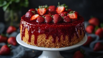 Rich strawberry cheesecake topped with thick strawberry sauce presented on a white cake stand with fresh strawberries scattered around creating a visually appealing dessert centerpiece