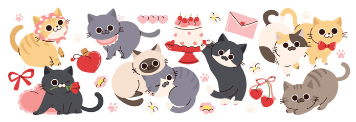 Fototapeta na wymiar Cute cat doodle in happy valentine's festival vector set. Cartoon cat or kitten characters design collection in different poses and element. Set of love event pet animals isolated on white background.
