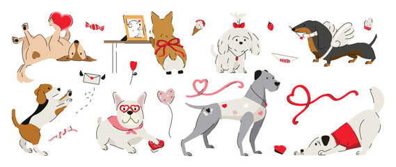 Fototapeta na wymiar Cute dog doodle in happy valentine's festival vector set. Cartoon dog or puppy characters design collection in different poses and element. Set of love event pet animals isolated on white background.